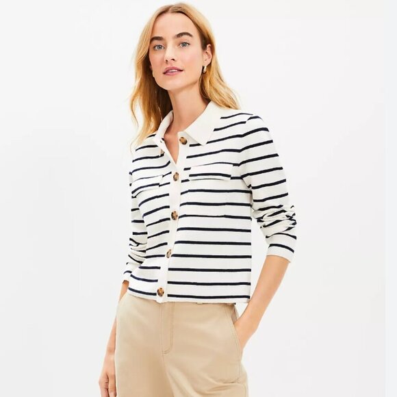 Loft Navy and White Collared Button Down Preppy Sweater Jacket Size Small - Picture 1 of 7